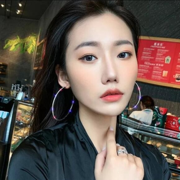 NEW STERLING SILVER DIAMOND ROUND HOOP EARRINGS - Picture 3 of 4